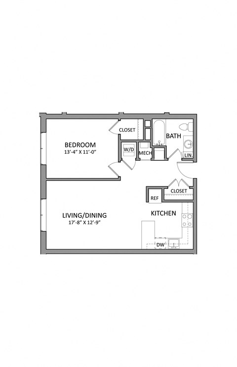 Floor plan for 1 bed, 1 bath, 660 sqft
